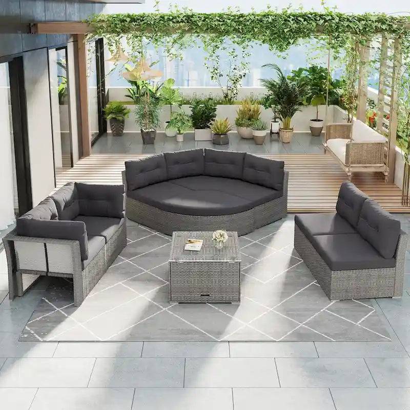 Ensemble de mobilier de patio, canapé-lit d'extérieur, ensemble de mobilier de jardin en rotin, coin salon de patio avec coussins et table basse