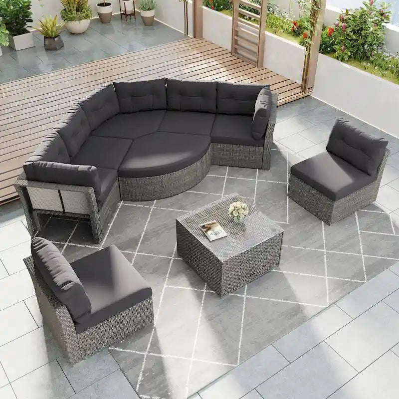 Ensemble de mobilier de patio, canapé-lit d'extérieur, ensemble de mobilier de jardin en rotin, coin salon de patio avec coussins et table basse