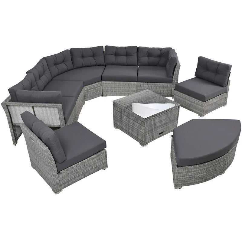 Ensemble de mobilier de patio, canapé-lit d'extérieur, ensemble de mobilier de jardin en rotin, coin salon de patio avec coussins et table basse
