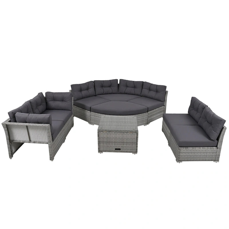 Ensemble de mobilier de patio, canapé-lit d'extérieur, ensemble de mobilier de jardin en rotin, coin salon de patio avec coussins et table basse