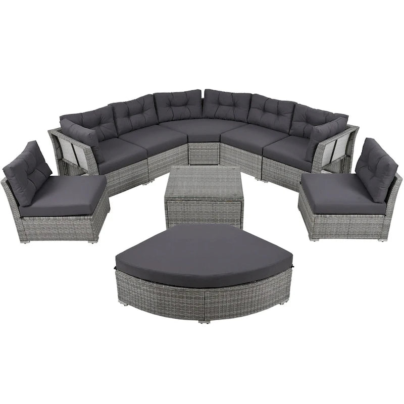 Ensemble de mobilier de patio, canapé-lit d'extérieur, ensemble de mobilier de jardin en rotin, coin salon de patio avec coussins et table basse