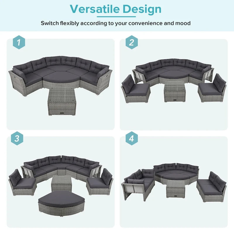 Ensemble de mobilier de patio, canapé-lit d'extérieur, ensemble de mobilier de jardin en rotin, coin salon de patio avec coussins et table basse