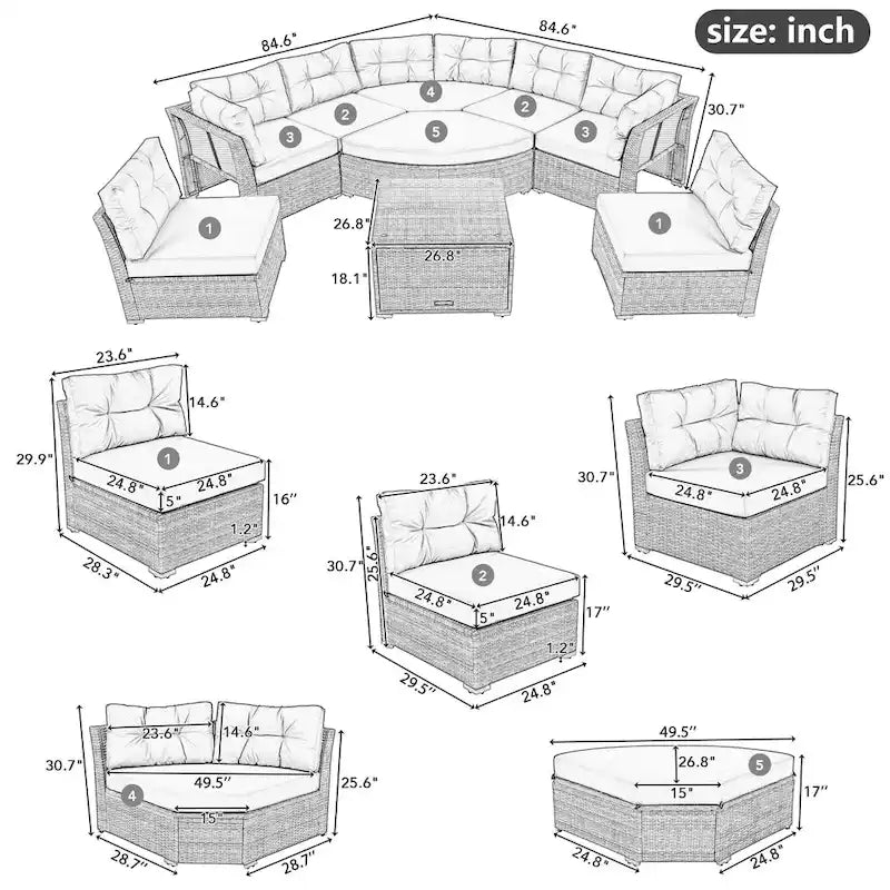 Ensemble de mobilier de patio, canapé-lit d'extérieur, ensemble de mobilier de jardin en rotin, coin salon de patio avec coussins et table basse