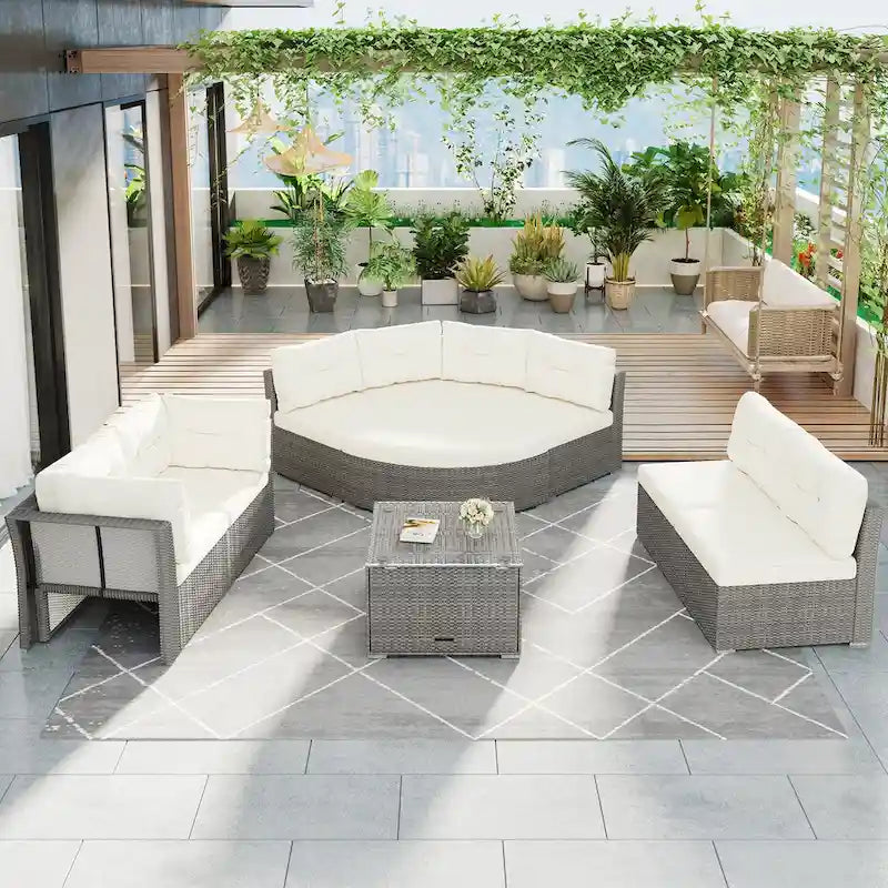 Ensemble de mobilier de patio, canapé-lit d'extérieur, ensemble de mobilier de jardin en rotin, coin salon de patio avec coussins et table basse