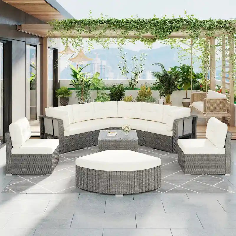 Ensemble de mobilier de patio, canapé-lit d'extérieur, ensemble de mobilier de jardin en rotin, coin salon de patio avec coussins et table basse