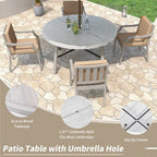 Ensemble de salle à manger d'extérieur pour 4 personnes, en bois, avec trou pour parasol et coussins amovibles, idéal pour terrasse et jardin.