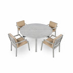 Ensemble de salle à manger d'extérieur pour 4 personnes, en bois, avec trou pour parasol et coussins amovibles, idéal pour terrasse et jardin.