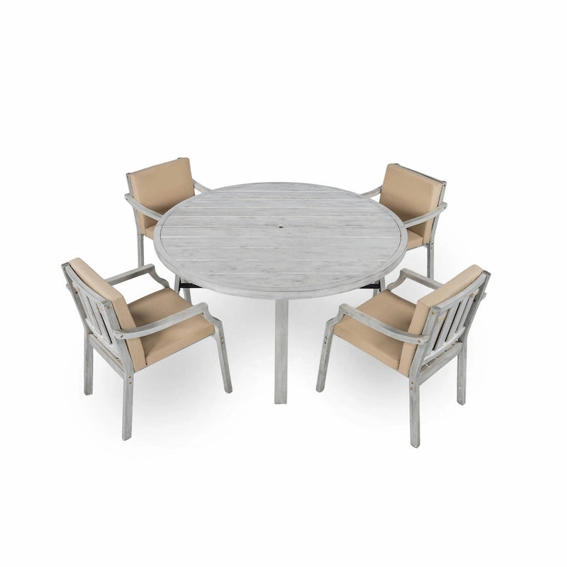 Ensemble de salle à manger d'extérieur pour 4 personnes, en bois, avec trou pour parasol et coussins amovibles, idéal pour terrasse et jardin.