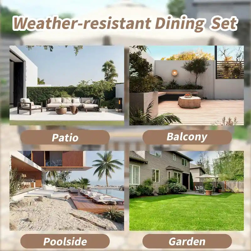 Ensemble de salle à manger d'extérieur pour 4 personnes, en bois, avec trou pour parasol et coussins amovibles, idéal pour terrasse et jardin.
