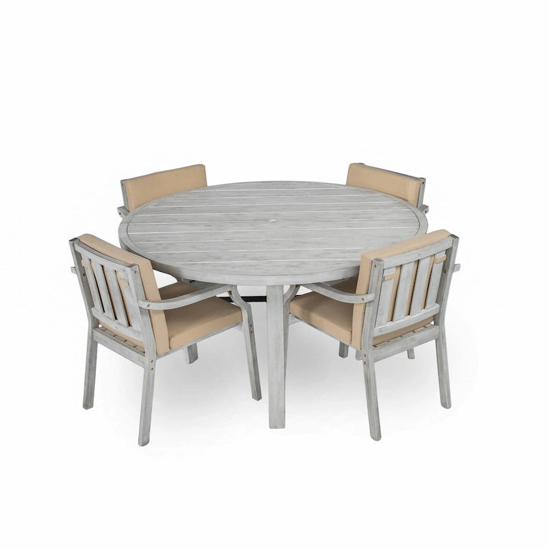 Ensemble de salle à manger d'extérieur pour 4 personnes, en bois, avec trou pour parasol et coussins amovibles, idéal pour terrasse et jardin.