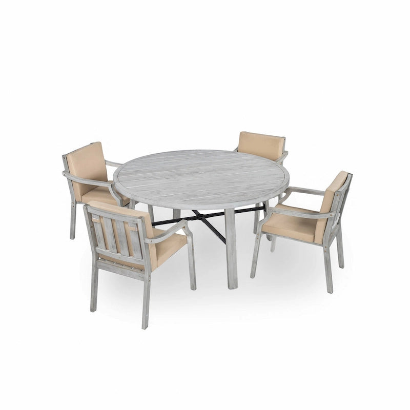 Ensemble de salle à manger d'extérieur pour 4 personnes, en bois, avec trou pour parasol et coussins amovibles, idéal pour terrasse et jardin.