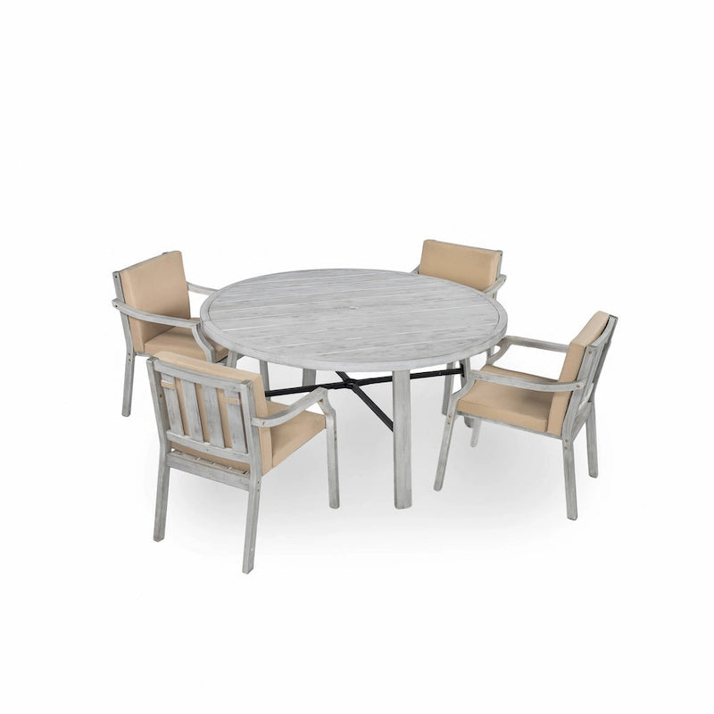 Ensemble de salle à manger d'extérieur pour 4 personnes, en bois, avec trou pour parasol et coussins amovibles, idéal pour terrasse et jardin.