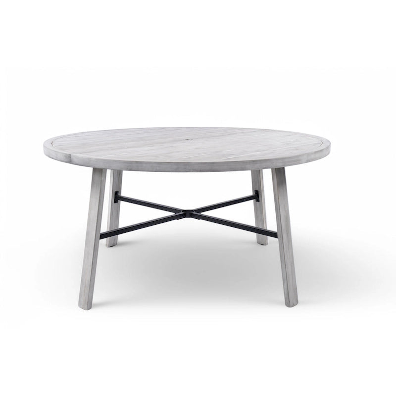Ensemble de salle à manger d'extérieur pour 4 personnes, en bois, avec trou pour parasol et coussins amovibles, idéal pour terrasse et jardin.