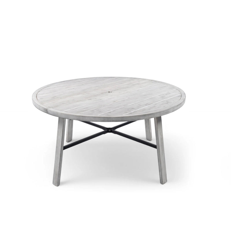 Ensemble de salle à manger d'extérieur pour 4 personnes, en bois, avec trou pour parasol et coussins amovibles, idéal pour terrasse et jardin.