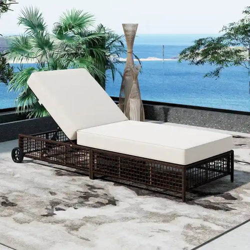 5-Position Rattan Patio Lounge Chair with Wheels, Cushion for Backyard