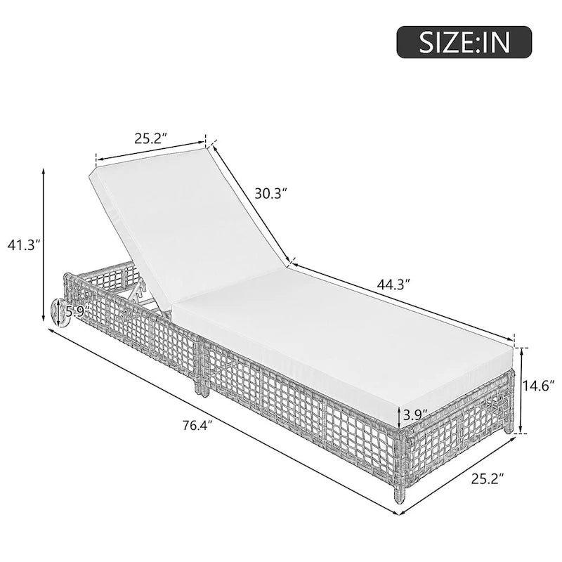 Fauteuil de jardin en rotin à 5 positions avec roulettes et coussin inclus.