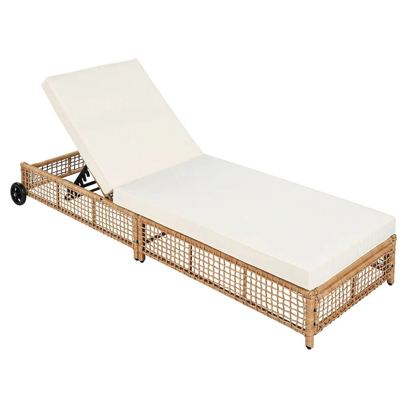 Fauteuil de jardin en rotin à 5 positions avec roulettes et coussin inclus.