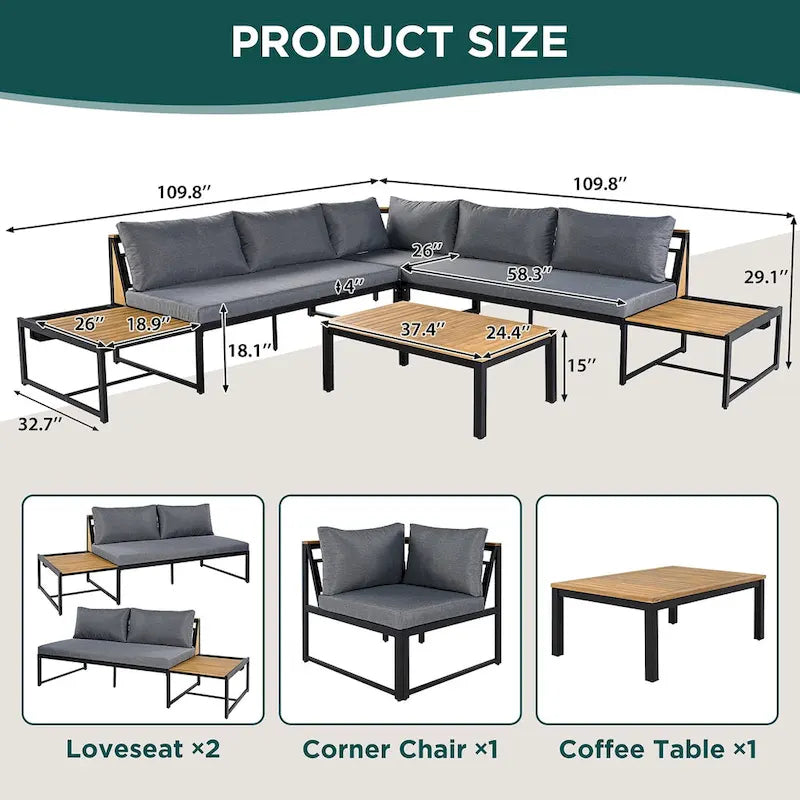 Ensemble de jardin 4 pièces, mobilier de patio durable avec coussins imperméables
