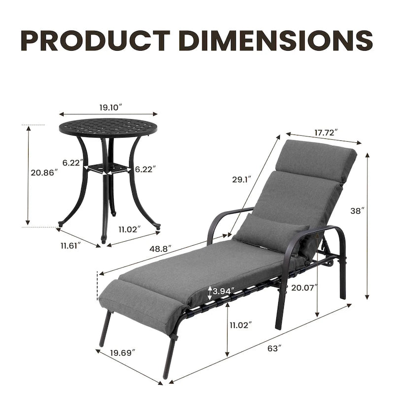 Chaise longue d'extérieur réglable avec coussin et table d'appoint