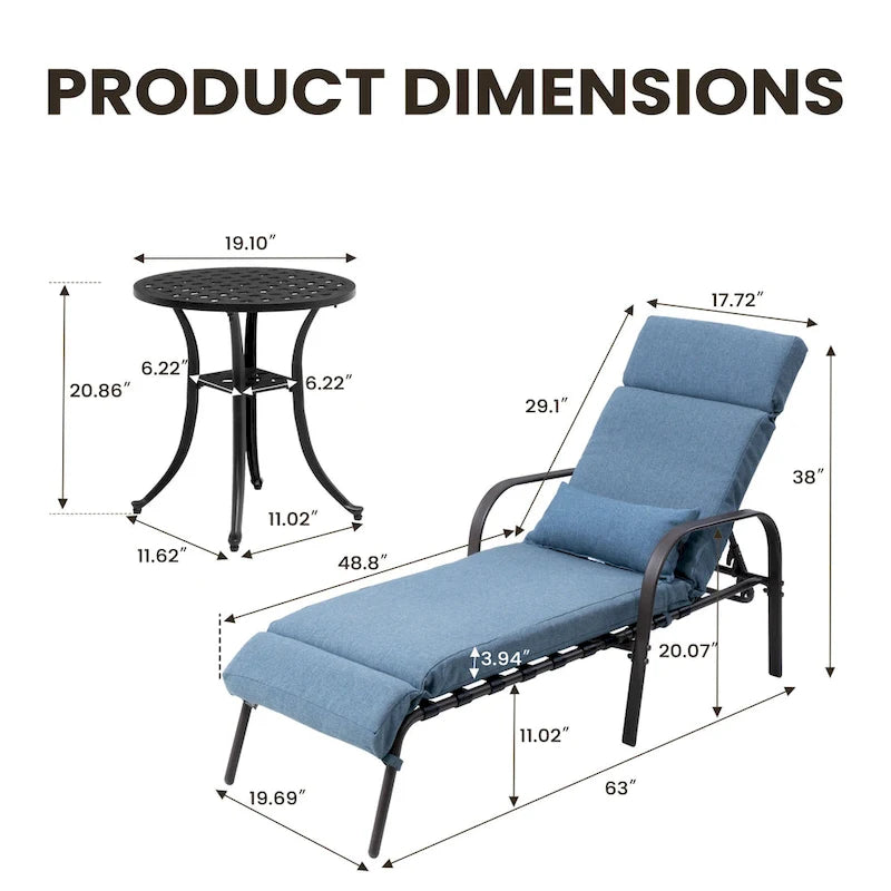 Chaise longue d'extérieur réglable avec coussin et table d'appoint