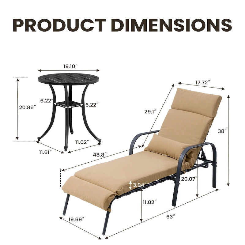 Chaise longue d'extérieur réglable avec coussin et table d'appoint
