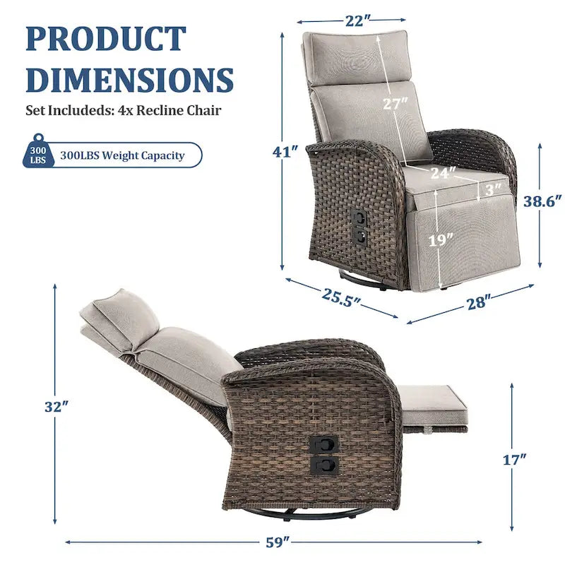 Ensemble de 4 fauteuils inclinables d'extérieur polyvalents Pocassy avec coussin beige