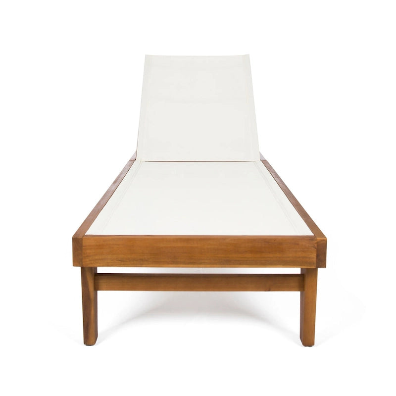 Chaise longue d'extérieur Liam, assise ergonomique en maille blanche, bois d'acacia brun