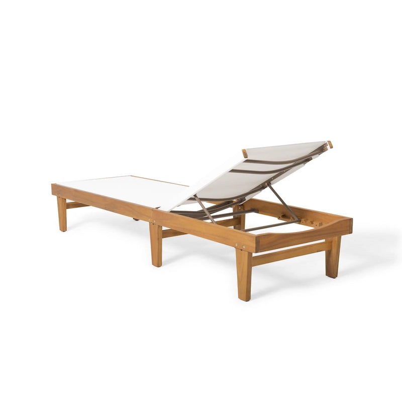 Chaise longue d'extérieur Liam, assise ergonomique en maille blanche, bois d'acacia brun