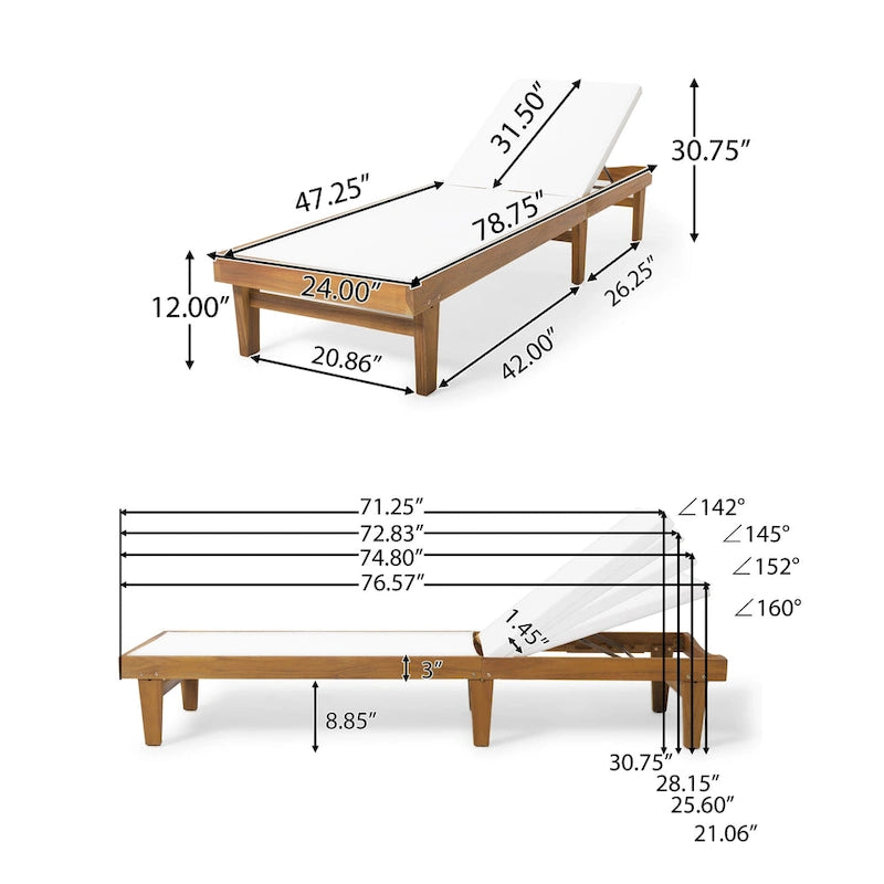 Chaise longue d'extérieur Liam, assise ergonomique en maille blanche, bois d'acacia brun