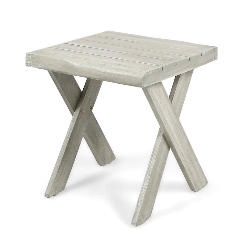 Outdoor Side End Table, 18 Inch Sandblasted Teak, Gray Acacia Wood