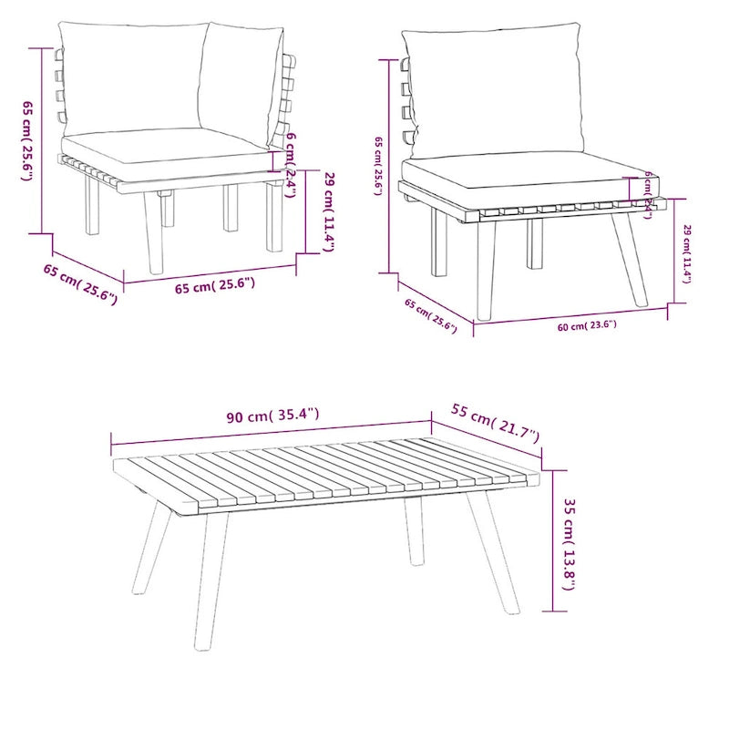 Ensemble canapé d'extérieur modulaire Roma 4 pièces avec table basse, bois massif, gris