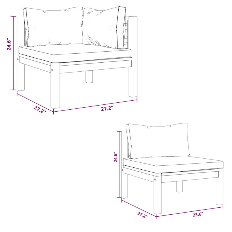 Canapé d'extérieur modulable 4 places, bois d'acacia massif marron, coussins gris