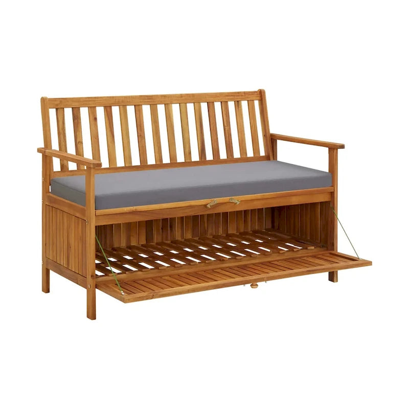 Banc de rangement extérieur, en bois d'acacia massif brun, tissu gris, 119 cm (47 pouces)