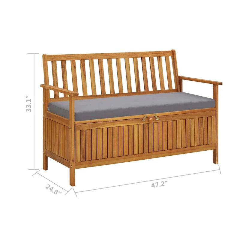 Banc de rangement extérieur, en bois d'acacia massif brun, tissu gris, 119 cm (47 pouces)