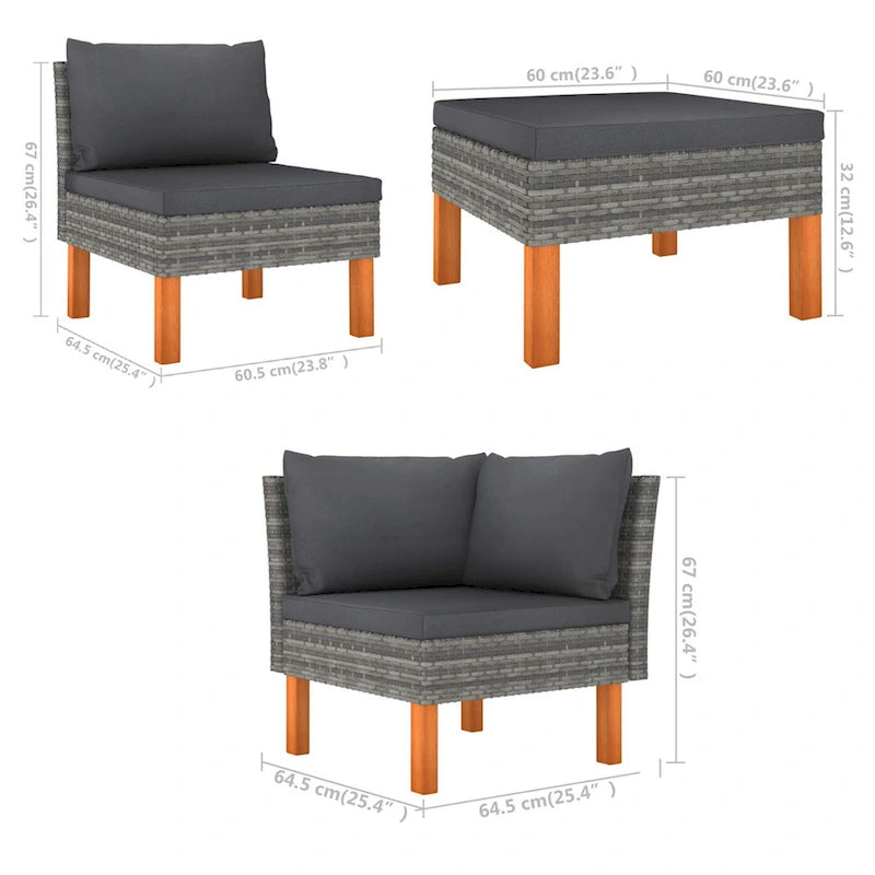 Canapé d'angle modulable d'extérieur Feno 6 pièces, 3 poufs, rotin gris foncé