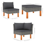 Canapé d'angle modulable d'extérieur Feno 6 pièces, 3 poufs, rotin gris foncé