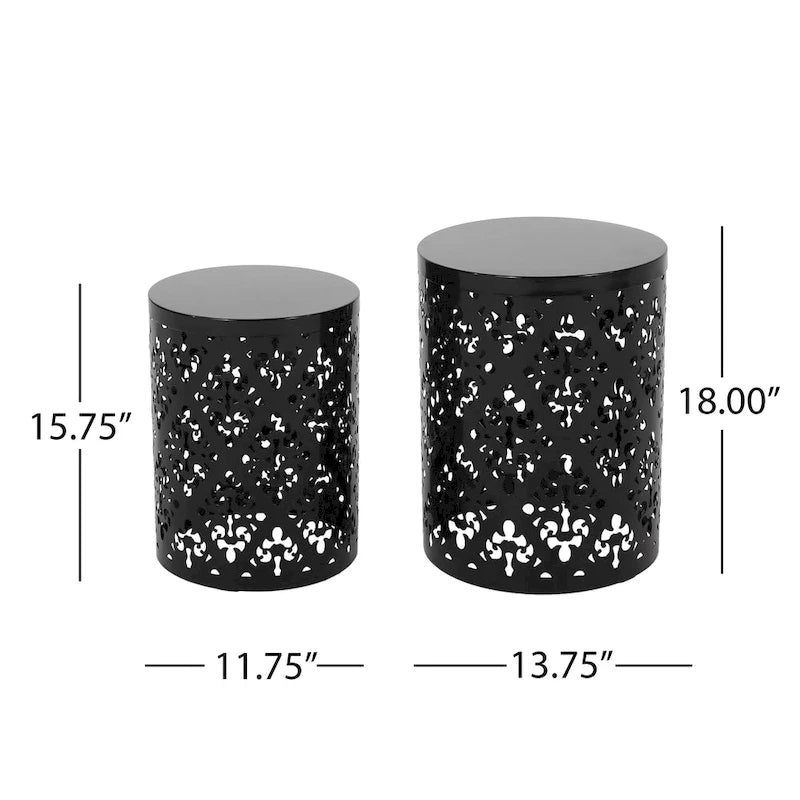 Ensemble de 2 tables d'appoint d'extérieur Kemo, plateau rond, design ajouré, fer noir