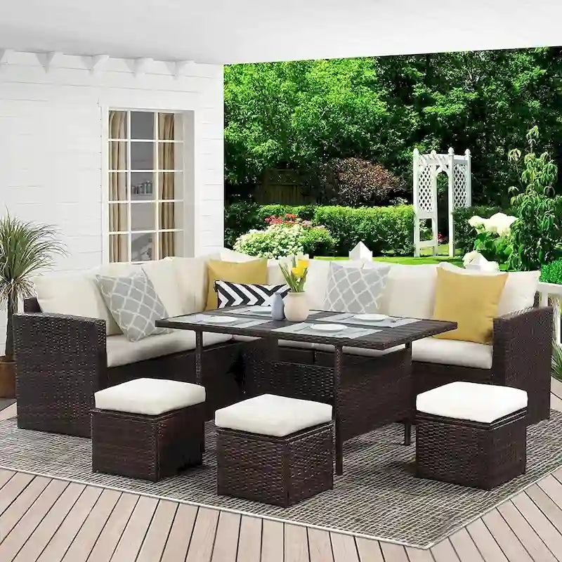 Ensemble de mobilier de patio 7 pièces, canapé d'angle d'extérieur, ensemble de conversation en rotin résistant aux intempéries avec table haute et pouf