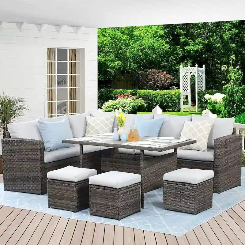 Ensemble de mobilier de patio 7 pièces, canapé d'angle d'extérieur, ensemble de conversation en rotin résistant aux intempéries avec table haute et pouf