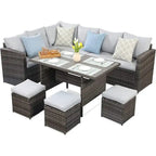Ensemble de mobilier de patio 7 pièces, canapé d'angle d'extérieur, ensemble de conversation en rotin résistant aux intempéries avec table haute et pouf
