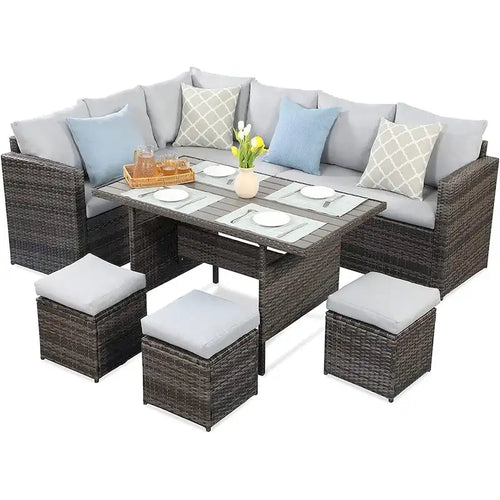 Ensemble de mobilier de patio 7 pièces, canapé d'angle d'extérieur, ensemble de conversation en rotin résistant aux intempéries avec table haute et pouf