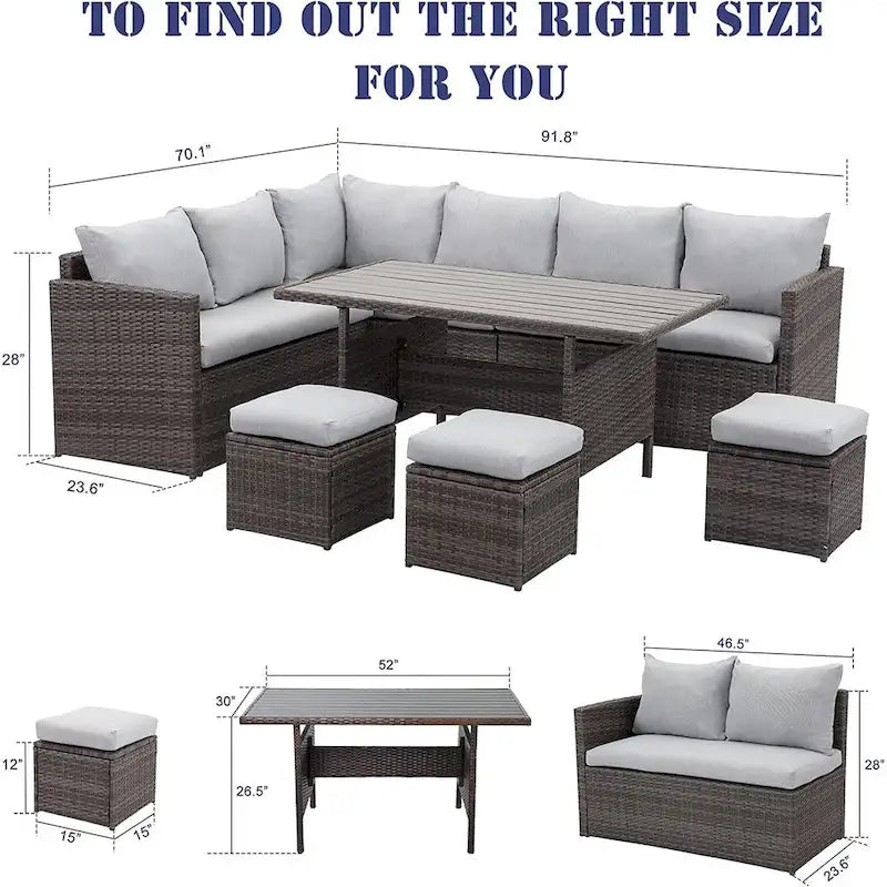 Ensemble de mobilier de patio 7 pièces, canapé d'angle d'extérieur, ensemble de conversation en rotin résistant aux intempéries avec table haute et pouf