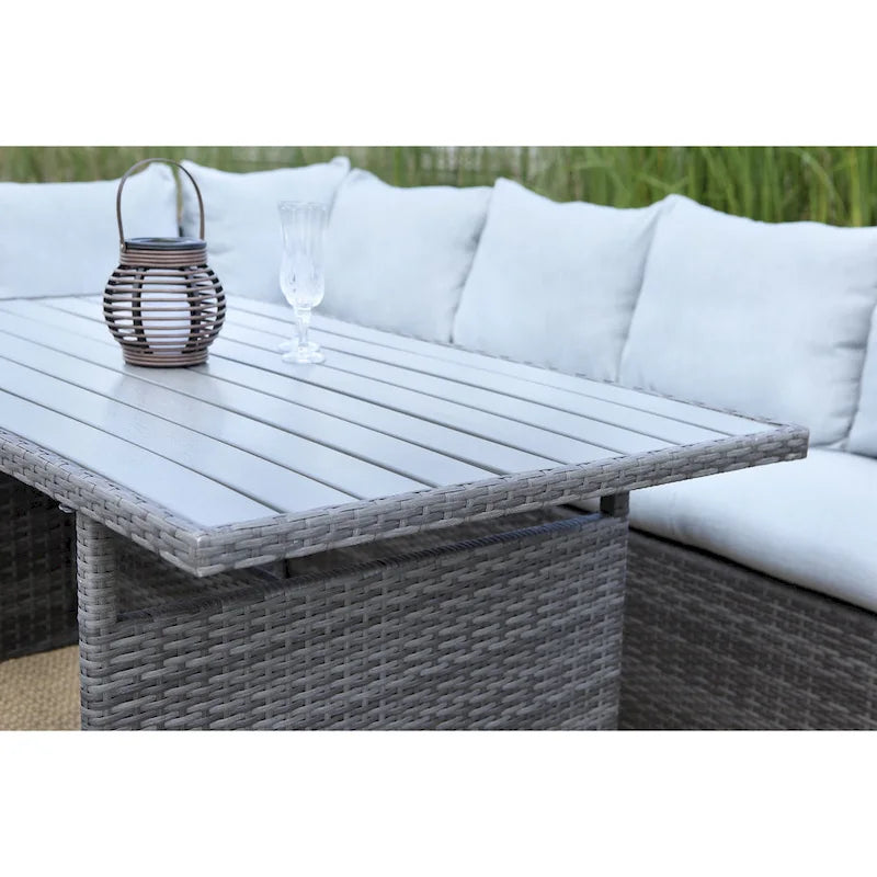 Ensemble de mobilier de patio 7 pièces, canapé d'angle d'extérieur, ensemble de conversation en rotin résistant aux intempéries avec table haute et pouf