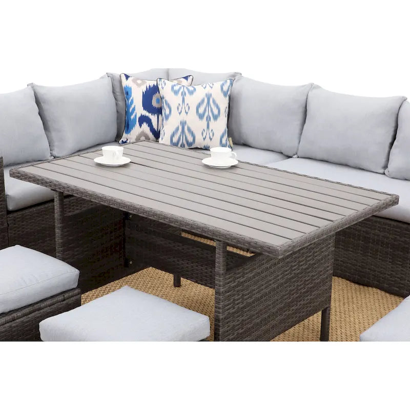 Ensemble de mobilier de patio 7 pièces, canapé d'angle d'extérieur, ensemble de conversation en rotin résistant aux intempéries avec table haute et pouf