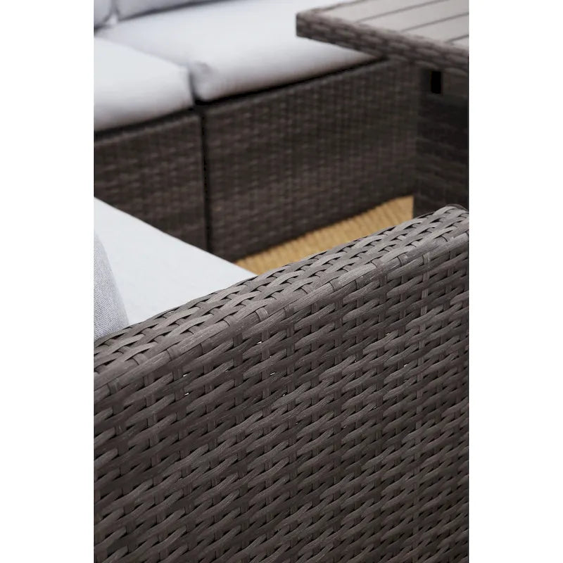 Ensemble de mobilier de patio 7 pièces, canapé d'angle d'extérieur, ensemble de conversation en rotin résistant aux intempéries avec table haute et pouf