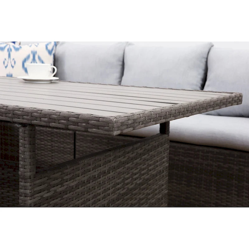 Ensemble de mobilier de patio 7 pièces, canapé d'angle d'extérieur, ensemble de conversation en rotin résistant aux intempéries avec table haute et pouf