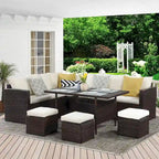 Ensemble de mobilier de patio 7 pièces, canapé d'angle d'extérieur, ensemble de conversation en rotin résistant aux intempéries avec table haute et pouf