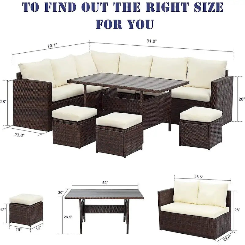 Ensemble de mobilier de patio 7 pièces, canapé d'angle d'extérieur, ensemble de conversation en rotin résistant aux intempéries avec table haute et pouf
