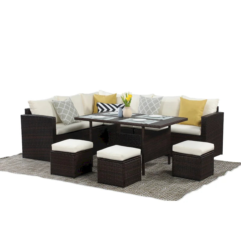 Ensemble de mobilier de patio 7 pièces, canapé d'angle d'extérieur, ensemble de conversation en rotin résistant aux intempéries avec table haute et pouf