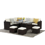 Ensemble de mobilier de patio 7 pièces, canapé d'angle d'extérieur, ensemble de conversation en rotin résistant aux intempéries avec table haute et pouf